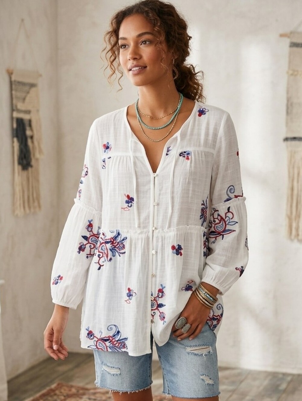 Hope Springs White Boho Style Tunic Blouse Sz Large White